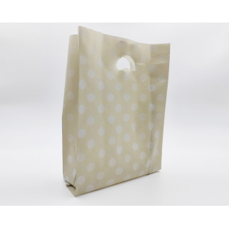 Shopper in plastica HDPE tortora con fantasia "Pois"Bianchi, maniglia fustellata a fagiolo, confezione da 5 kg.