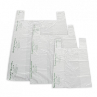 Shopper a strappo in mater-bi biodegradabile bianco, formato 24+6+6x44 cm, gr.5, cartone da 1000 pezzi