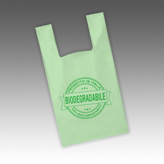 Shopper a strappo in mater-bi biodegradabile verde, formato 27+14x50 cm, gr.12, cartone da 4 kg