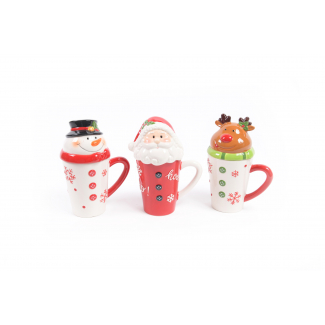 Mug natalizia in ceramica con coperchio, 9.5x14 cm, altezza 19 cm, soggetti assortiti