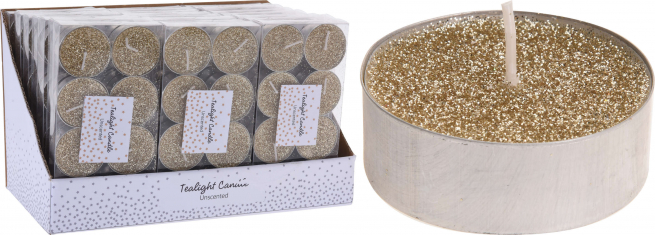 Tealight glitter oro diametro 3 cm, confezione da 8 pezzi