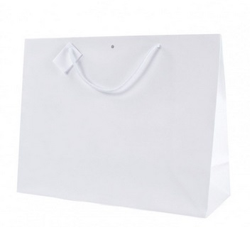 Shopper bianco plastificato opaco con foro e tag, maniglia in cordone cotone