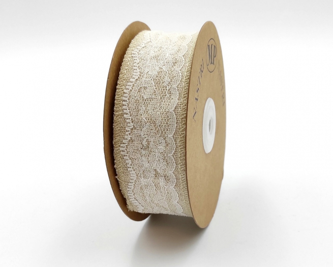 Rotolo nastro cotone naturale "Old Times" con pizzo bianco, altezza 40mm, lunghezza 10 metri