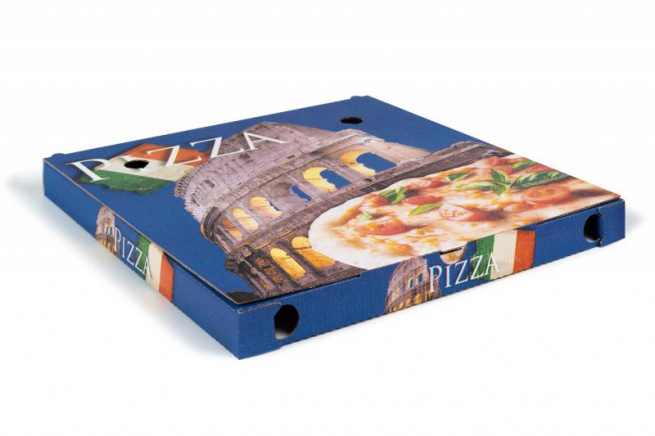 Scatola pizza fantasia "Colosseo" formato 50x50 cm, altezza 5 cm, cartone da 50 pezzi