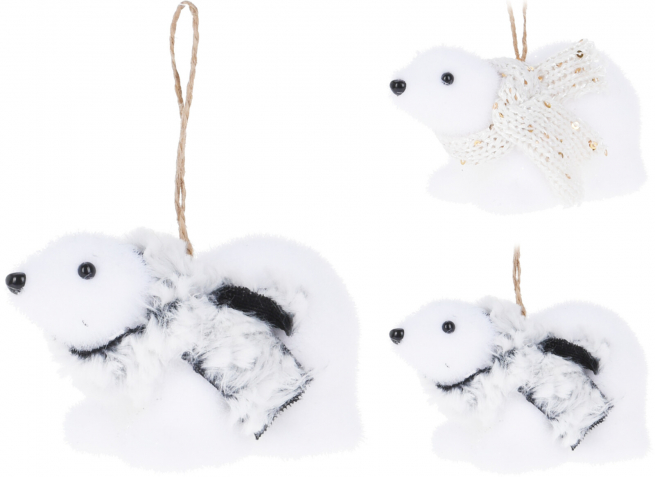 Orso bianco floccato da appendere, lunghezza 6 cm, soggetti assortiti